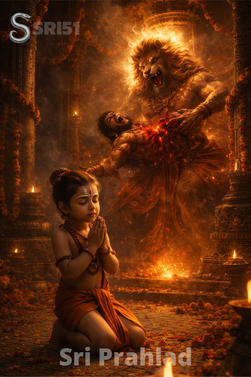 Prahlada sendo protegido por Narasimha